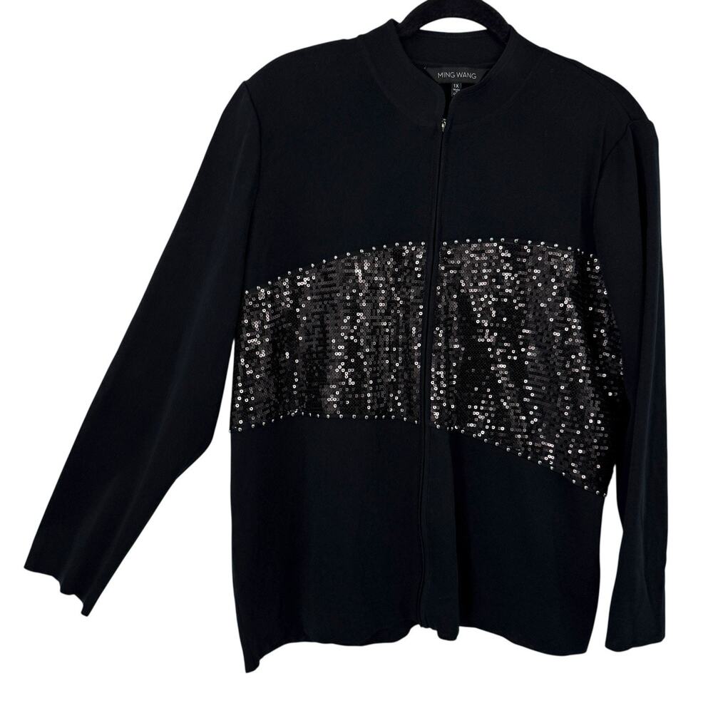 Ming Wang Seqined Zip up Jacket size 1X Black Stretch Ponte Studded Evening